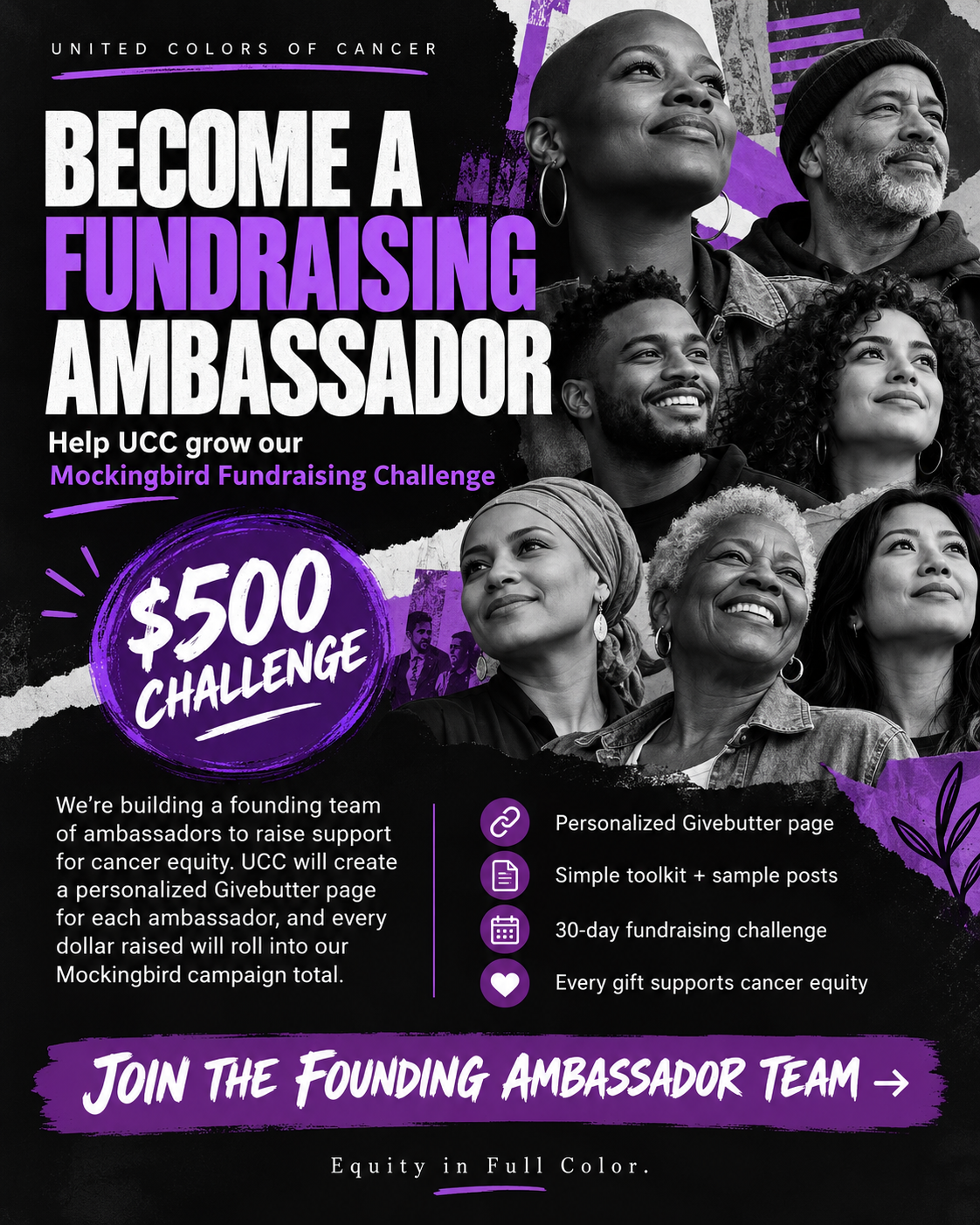 Become a Fundraising Ambassador poster: black and white portraits of diverse community members looking upward, with a purple $500 Challenge badge